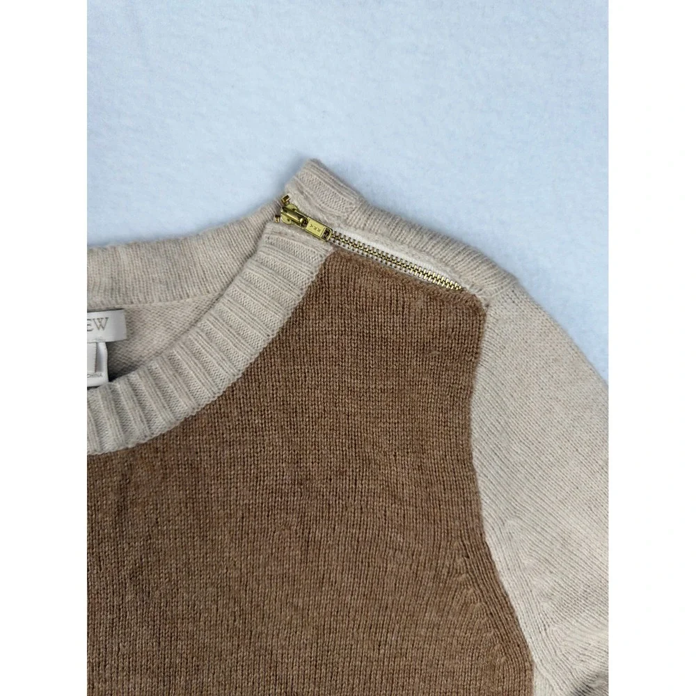 J.Crew Womens XS Colorblock Merino Wool Blend Zipper Accent Sweater Brown Tan